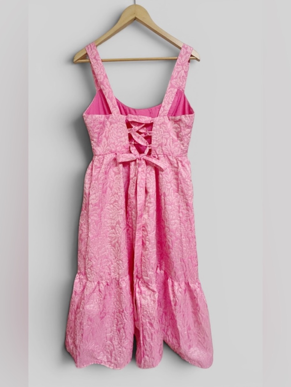Lulus Spanish Getaway Pink Floral Lace-Up Midi Dress With Pockets Size XL - Picture 9 of 10